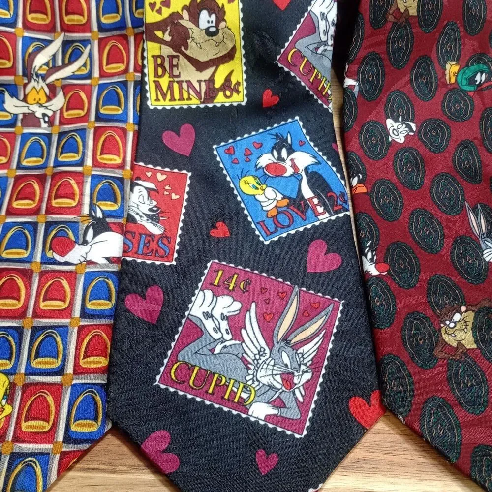 Vintage Lot of 3 Looney Tunes Neck Ties 100% Silk 1994 1995‎ Novelty Cartoon
